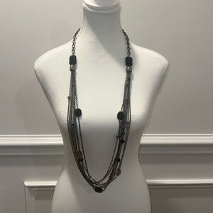 Long Metal Multi-Chain Clasp Necklace with Black and Purple Beads